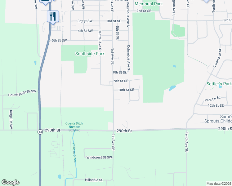 map of restaurants, bars, coffee shops, grocery stores, and more near 204 10th Street Southeast in New Prague