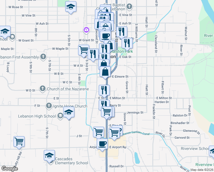 map of restaurants, bars, coffee shops, grocery stores, and more near South Main Street in Lebanon