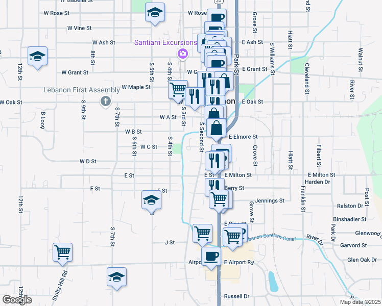 map of restaurants, bars, coffee shops, grocery stores, and more near 176 West C Street in Lebanon