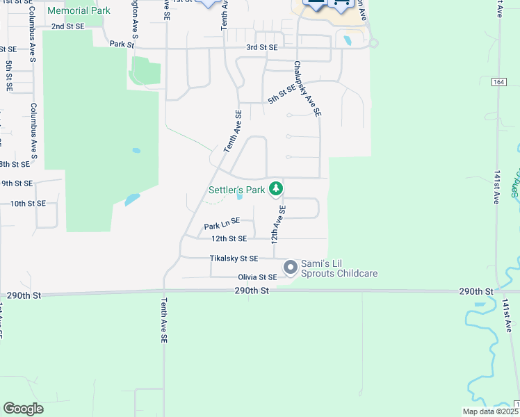 map of restaurants, bars, coffee shops, grocery stores, and more near 1105 Park Court Southeast in New Prague