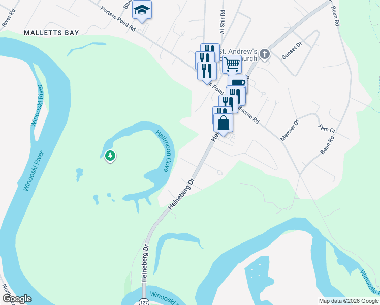 map of restaurants, bars, coffee shops, grocery stores, and more near 270 Heineberg Drive in Colchester