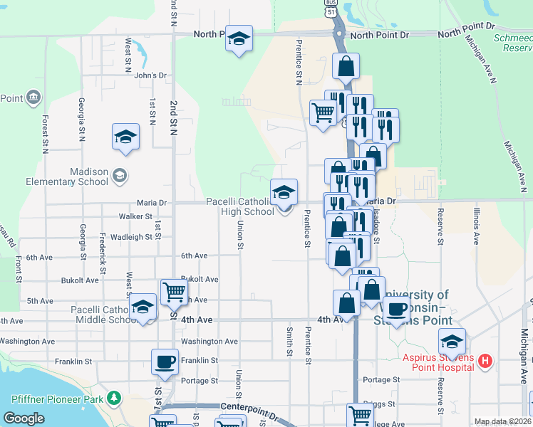 map of restaurants, bars, coffee shops, grocery stores, and more near 1249 Maria Drive in Stevens Point