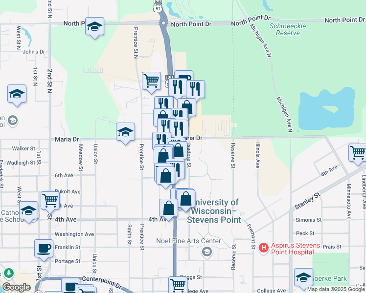 map of restaurants, bars, coffee shops, grocery stores, and more near 200 Isadore Street in Stevens Point
