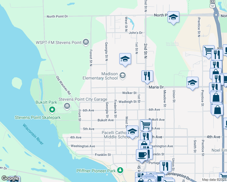 map of restaurants, bars, coffee shops, grocery stores, and more near 524 Walker Street in Stevens Point