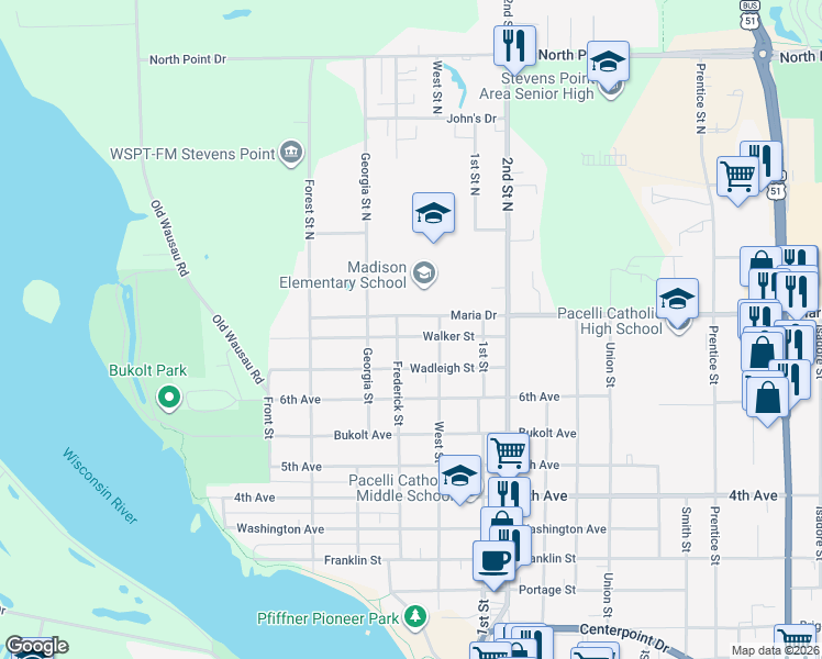 map of restaurants, bars, coffee shops, grocery stores, and more near 640 Walker Street in Stevens Point