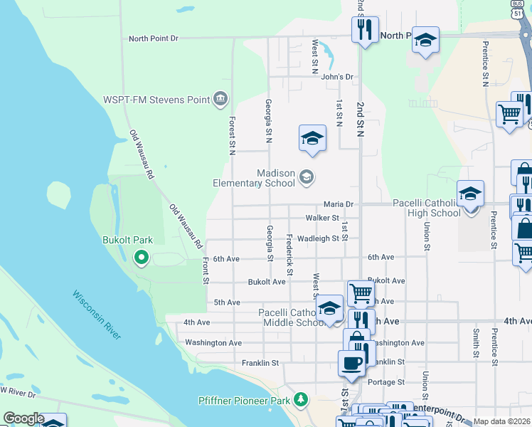 map of restaurants, bars, coffee shops, grocery stores, and more near 448 Walker Street in Stevens Point