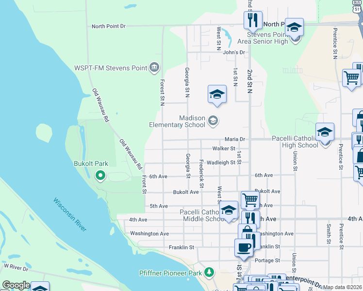 map of restaurants, bars, coffee shops, grocery stores, and more near 448 Walker Street in Stevens Point