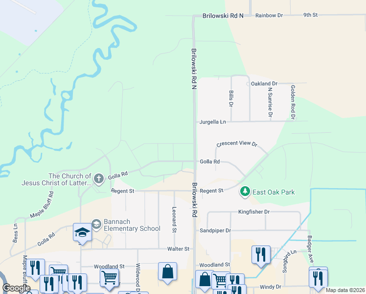 map of restaurants, bars, coffee shops, grocery stores, and more near 167 Brilowski Road in Stevens Point