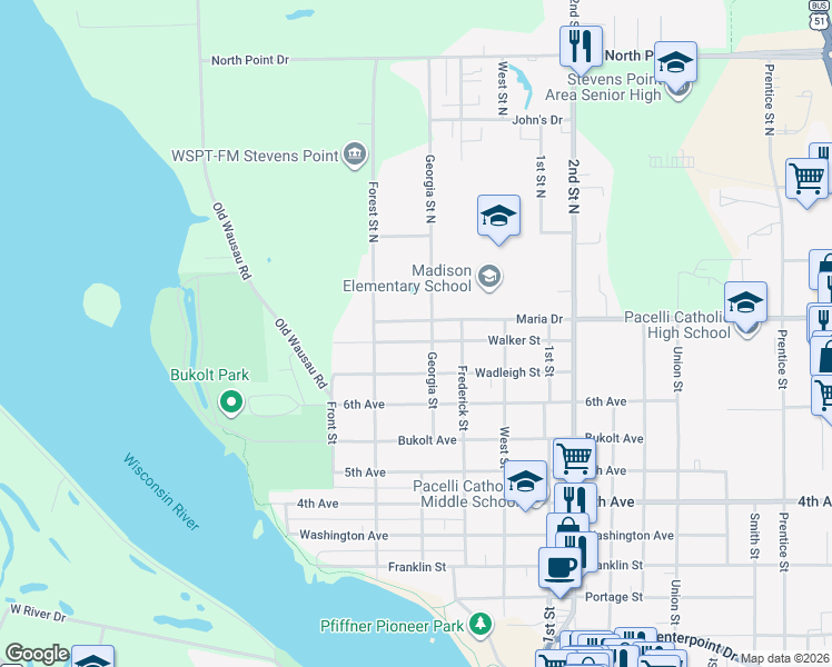 map of restaurants, bars, coffee shops, grocery stores, and more near 448 Walker Street in Stevens Point