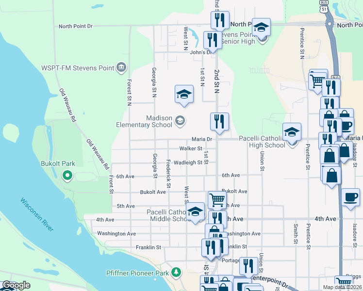 map of restaurants, bars, coffee shops, grocery stores, and more near 640 Walker Street in Stevens Point
