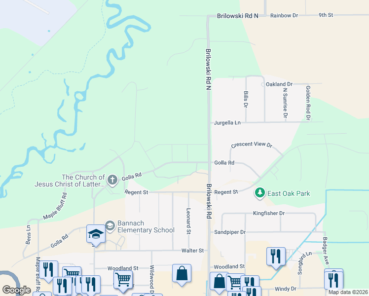 map of restaurants, bars, coffee shops, grocery stores, and more near 5498 Golla Road in Stevens Point