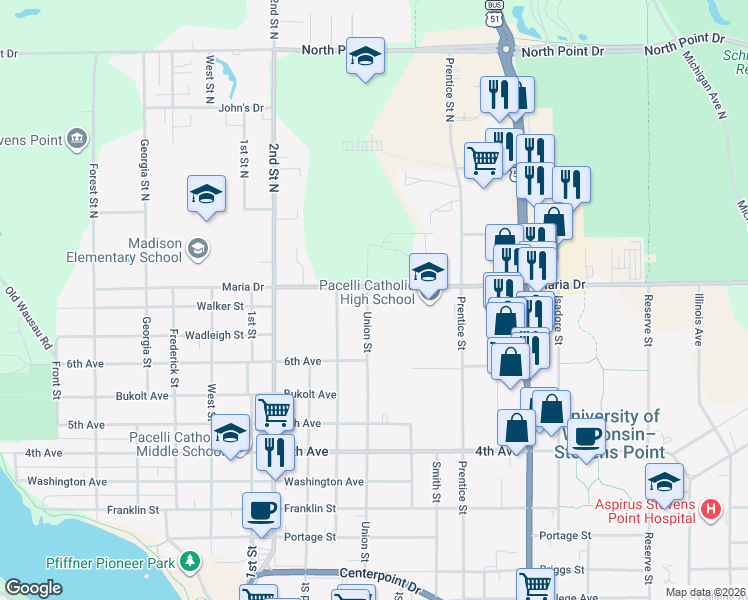 map of restaurants, bars, coffee shops, grocery stores, and more near 109 Union Street in Stevens Point