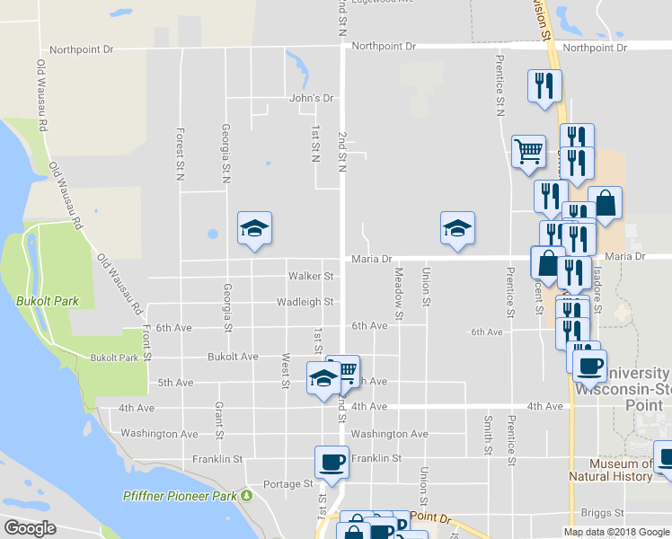 map of restaurants, bars, coffee shops, grocery stores, and more near 124 2nd Street in Stevens Point