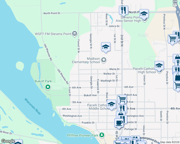 map of restaurants, bars, coffee shops, grocery stores, and more near 448 Walker Street in Stevens Point