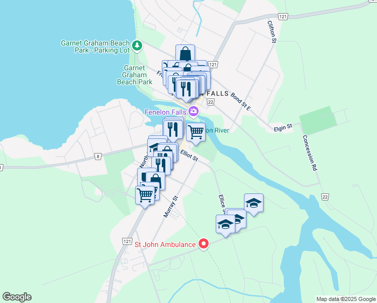 map of restaurants, bars, coffee shops, grocery stores, and more near 15 Lindsay Street in Kawartha Lakes