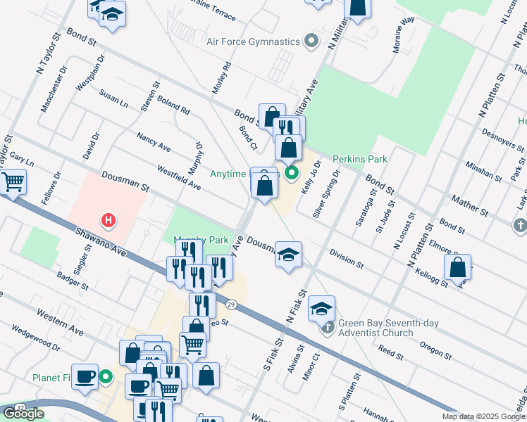 map of restaurants, bars, coffee shops, grocery stores, and more near 336 North Military Avenue in Green Bay
