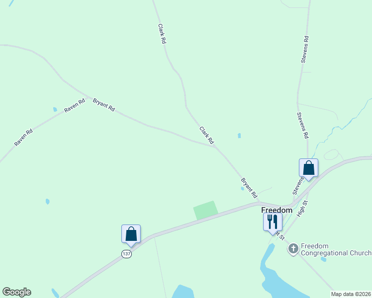 map of restaurants, bars, coffee shops, grocery stores, and more near 89 Bryant Road in Freedom