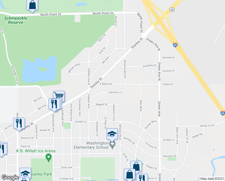 map of restaurants, bars, coffee shops, grocery stores, and more near 3409 East Maria Drive in Stevens Point