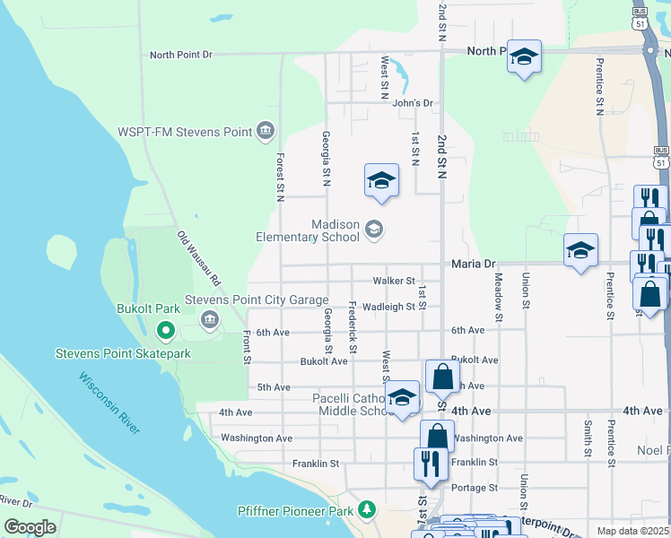 map of restaurants, bars, coffee shops, grocery stores, and more near 524 Walker Street in Stevens Point