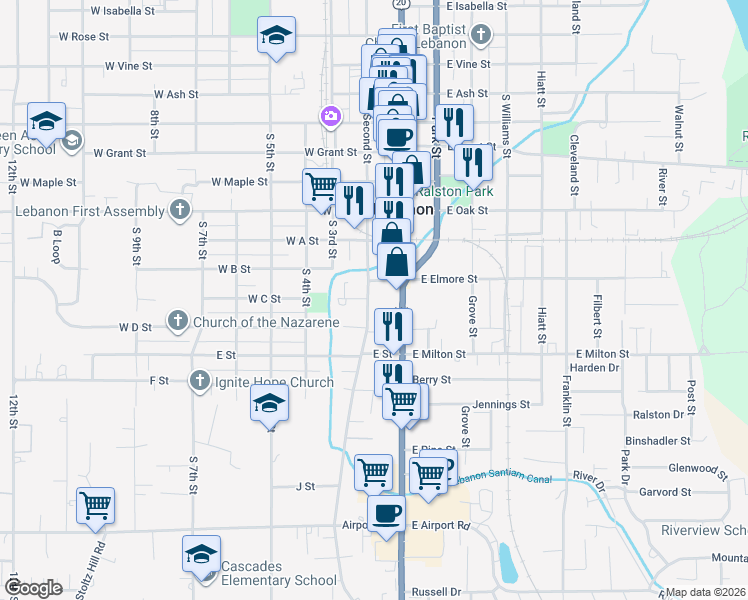 map of restaurants, bars, coffee shops, grocery stores, and more near 29963 South Santiam Highway in Lebanon