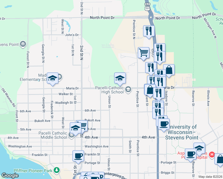 map of restaurants, bars, coffee shops, grocery stores, and more near 109 Union Street in Stevens Point