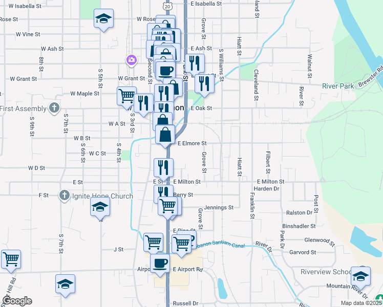 map of restaurants, bars, coffee shops, grocery stores, and more near 142 East Elmore Street in Lebanon