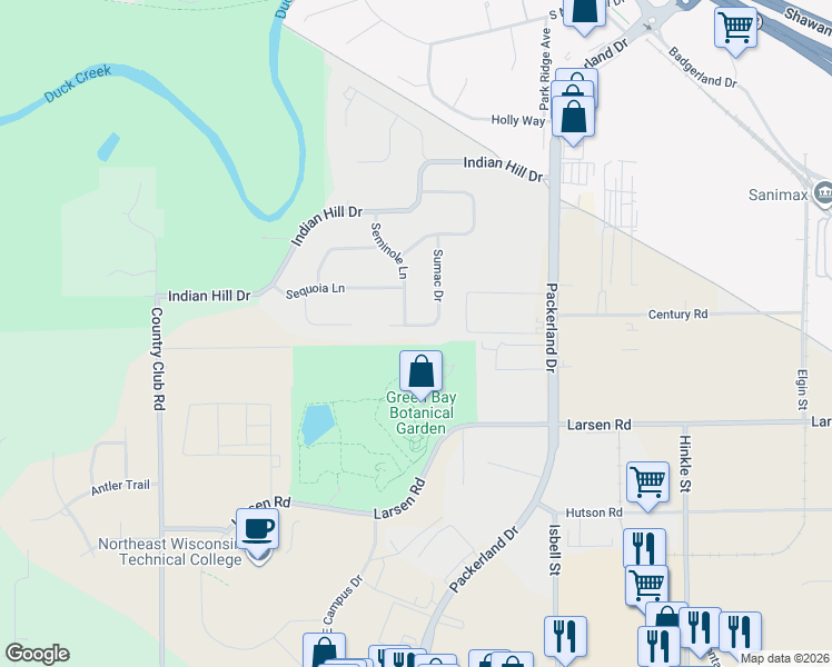 map of restaurants, bars, coffee shops, grocery stores, and more near 2607 Sumac Place in Green Bay