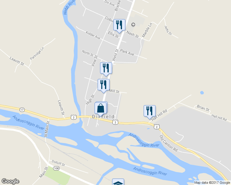 map of restaurants, bars, coffee shops, grocery stores, and more near 9 Mill Street in Dixfield