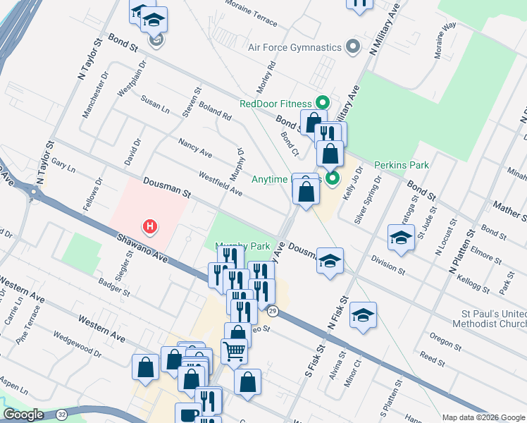 map of restaurants, bars, coffee shops, grocery stores, and more near 1597 Westfield Avenue in Green Bay