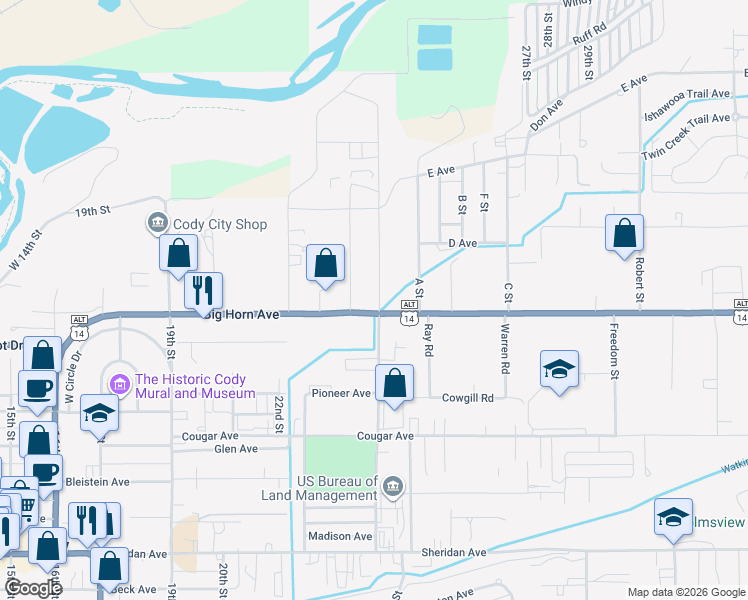 map of restaurants, bars, coffee shops, grocery stores, and more near 2425 Big Horn Avenue in Cody