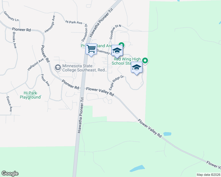 map of restaurants, bars, coffee shops, grocery stores, and more near Eagle Ridge Drive in Red Wing