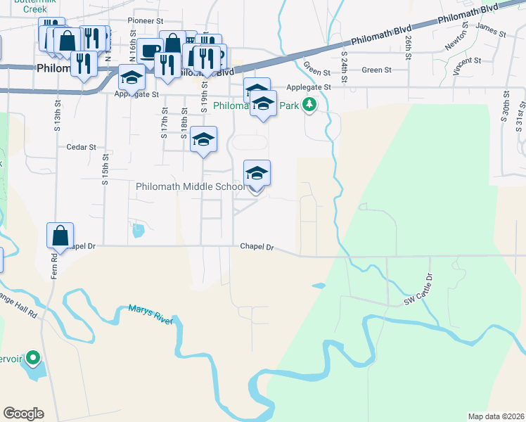map of restaurants, bars, coffee shops, grocery stores, and more near 2021 Chapel Drive in Philomath