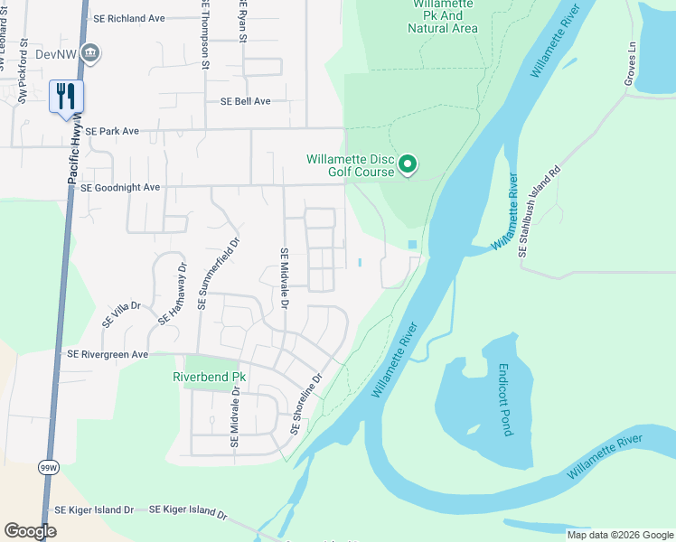 map of restaurants, bars, coffee shops, grocery stores, and more near 3181 Southeast Everglade Street in Corvallis