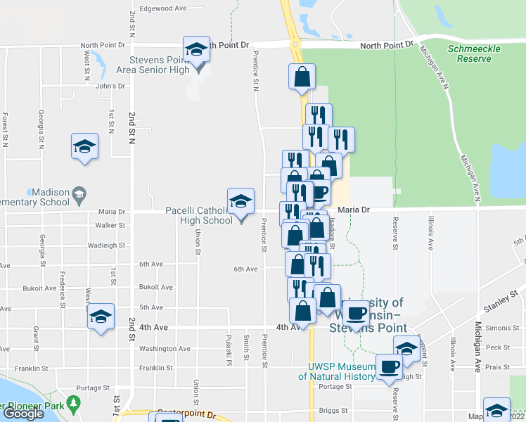 map of restaurants, bars, coffee shops, grocery stores, and more near 1300 Maria Drive in Stevens Point