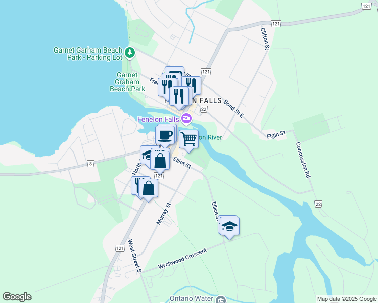 map of restaurants, bars, coffee shops, grocery stores, and more near 15 Lindsay Street in Kawartha Lakes