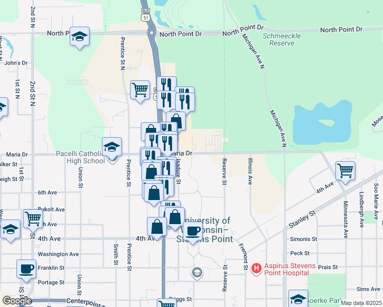 map of restaurants, bars, coffee shops, grocery stores, and more near 1808 Maria Drive in Stevens Point