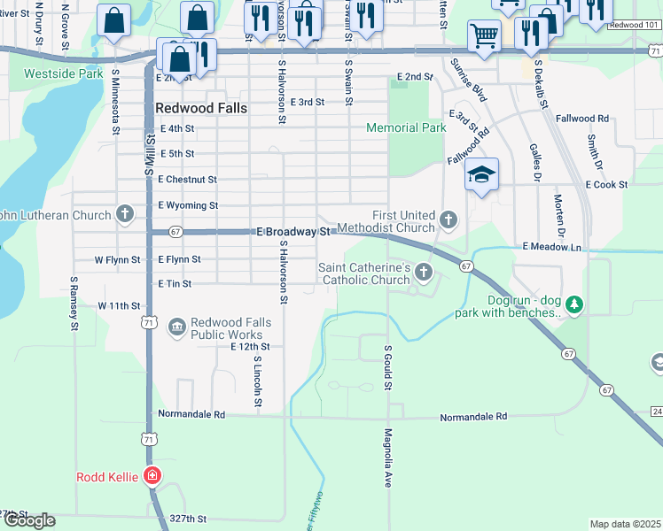 map of restaurants, bars, coffee shops, grocery stores, and more near 600 East Broadway Street in Redwood Falls
