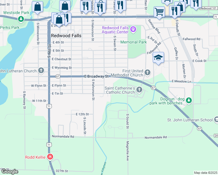 map of restaurants, bars, coffee shops, grocery stores, and more near 600 East Broadway Street in Redwood Falls