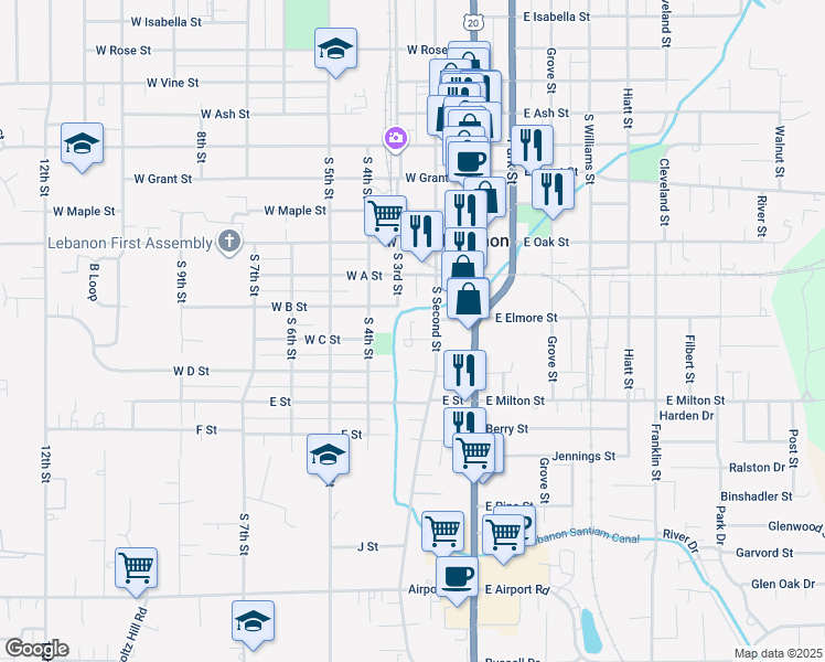 map of restaurants, bars, coffee shops, grocery stores, and more near 176 West C Street in Lebanon
