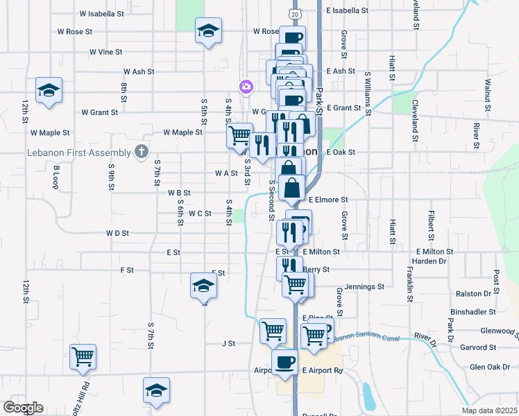 map of restaurants, bars, coffee shops, grocery stores, and more near 176 West C Street in Lebanon