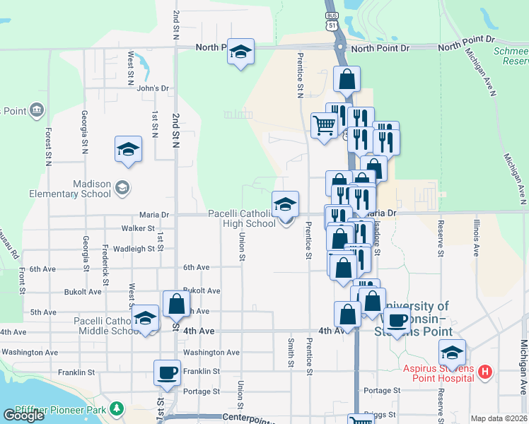 map of restaurants, bars, coffee shops, grocery stores, and more near 1249 Maria Drive in Stevens Point