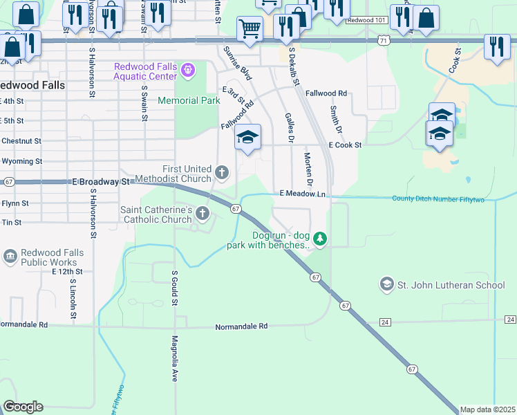 map of restaurants, bars, coffee shops, grocery stores, and more near 600 Sunrise Boulevard in Redwood Falls