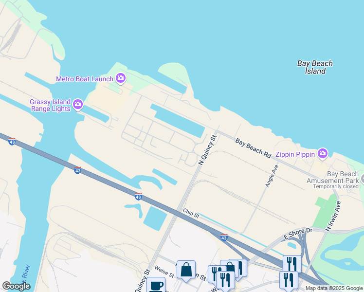 map of restaurants, bars, coffee shops, grocery stores, and more near 2231 North Quincy Street in Green Bay