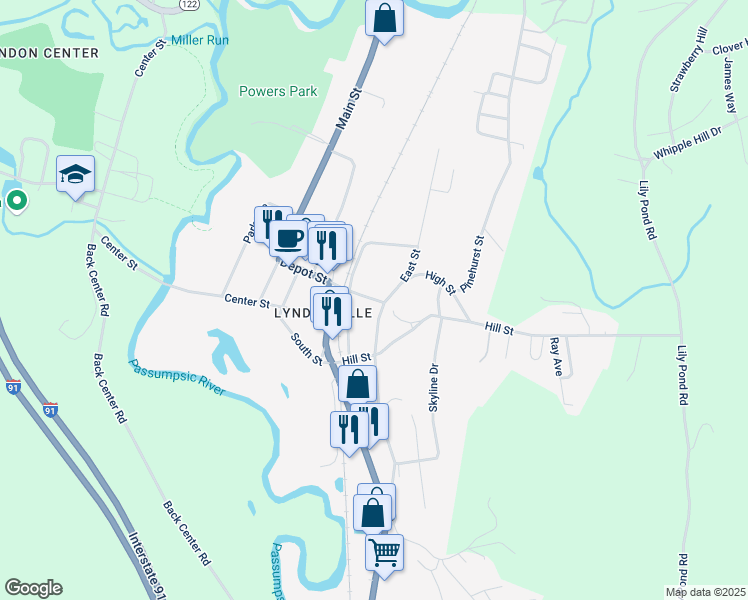 map of restaurants, bars, coffee shops, grocery stores, and more near 96 Williams Street in Lyndon