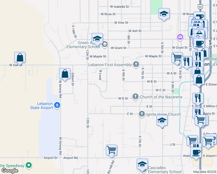 map of restaurants, bars, coffee shops, grocery stores, and more near 1077 South 10th Street in Lebanon