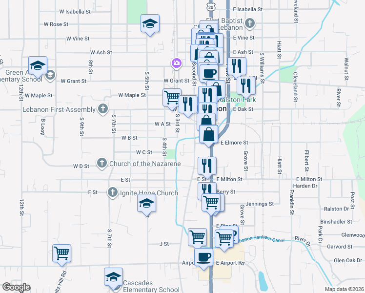 map of restaurants, bars, coffee shops, grocery stores, and more near 176 West C Street in Lebanon