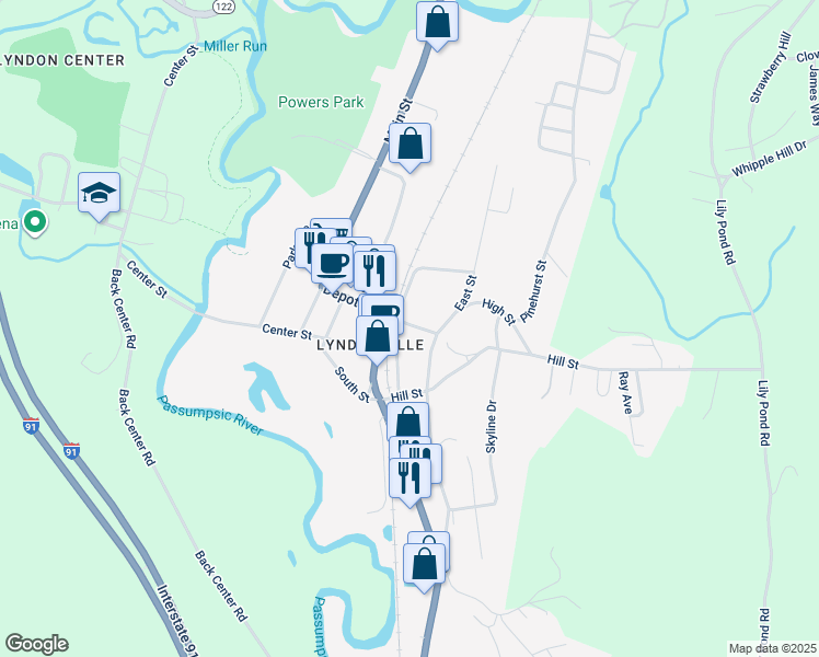 map of restaurants, bars, coffee shops, grocery stores, and more near 96 Williams Street in Lyndon