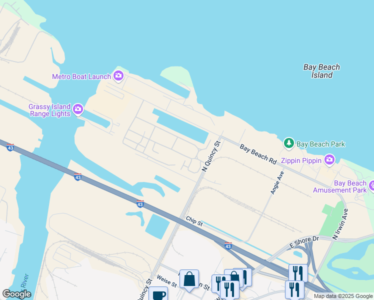 map of restaurants, bars, coffee shops, grocery stores, and more near 2231 North Quincy Street in Green Bay