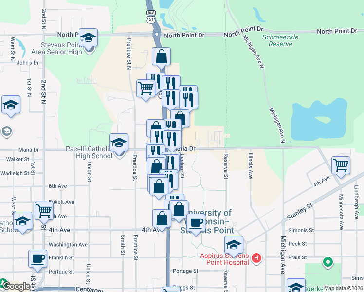 map of restaurants, bars, coffee shops, grocery stores, and more near 200 Isadore Street in Stevens Point