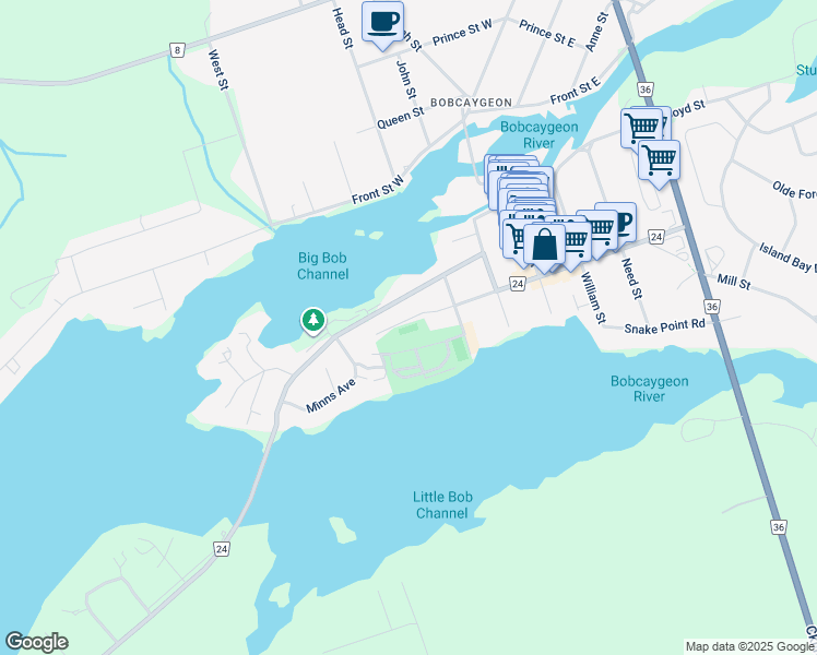 map of restaurants, bars, coffee shops, grocery stores, and more near 49 Mansfield Street in Kawartha Lakes